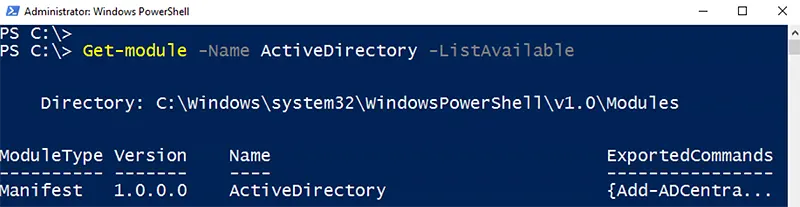 Get-Module -Name ActiveDirectory -ListAvailable for Get-AdUser
